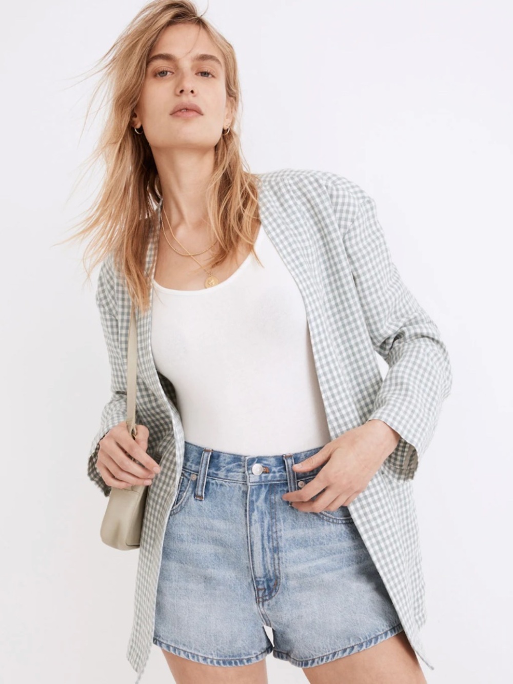 Madewell Linen Collarless Blazer Gingham Check Horizon XL